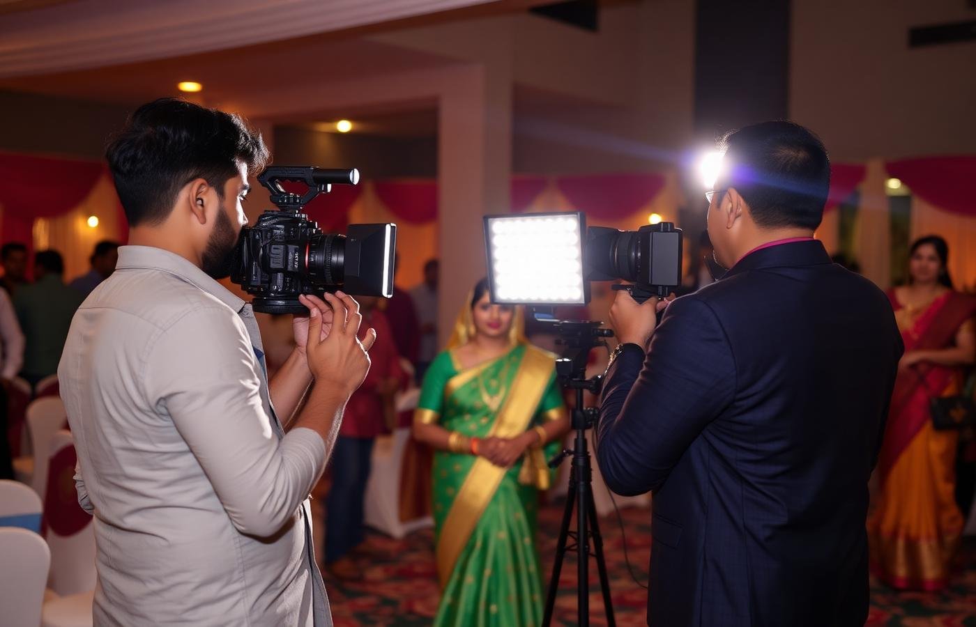 Indian film crew setting up at a wedding venue