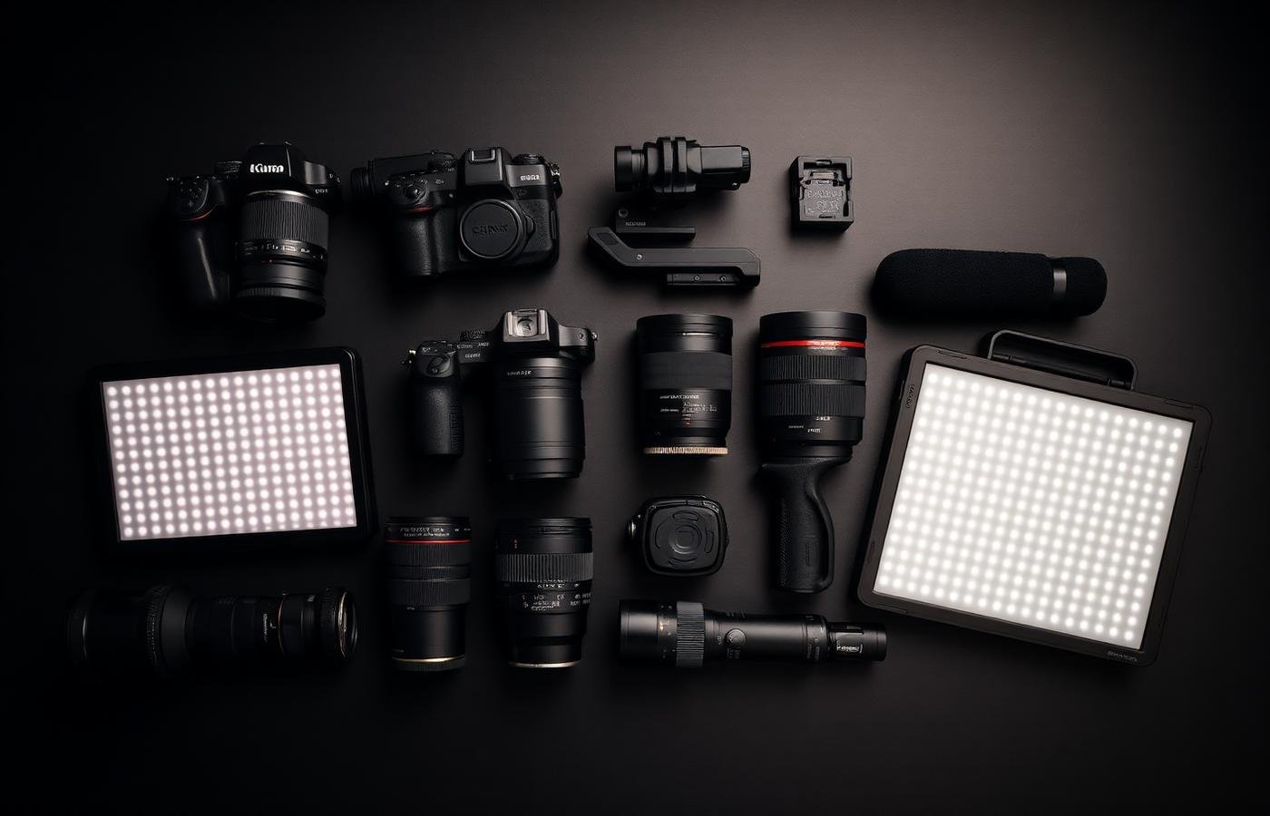 Flat lay of cameras, lenses and gimbals available for rent